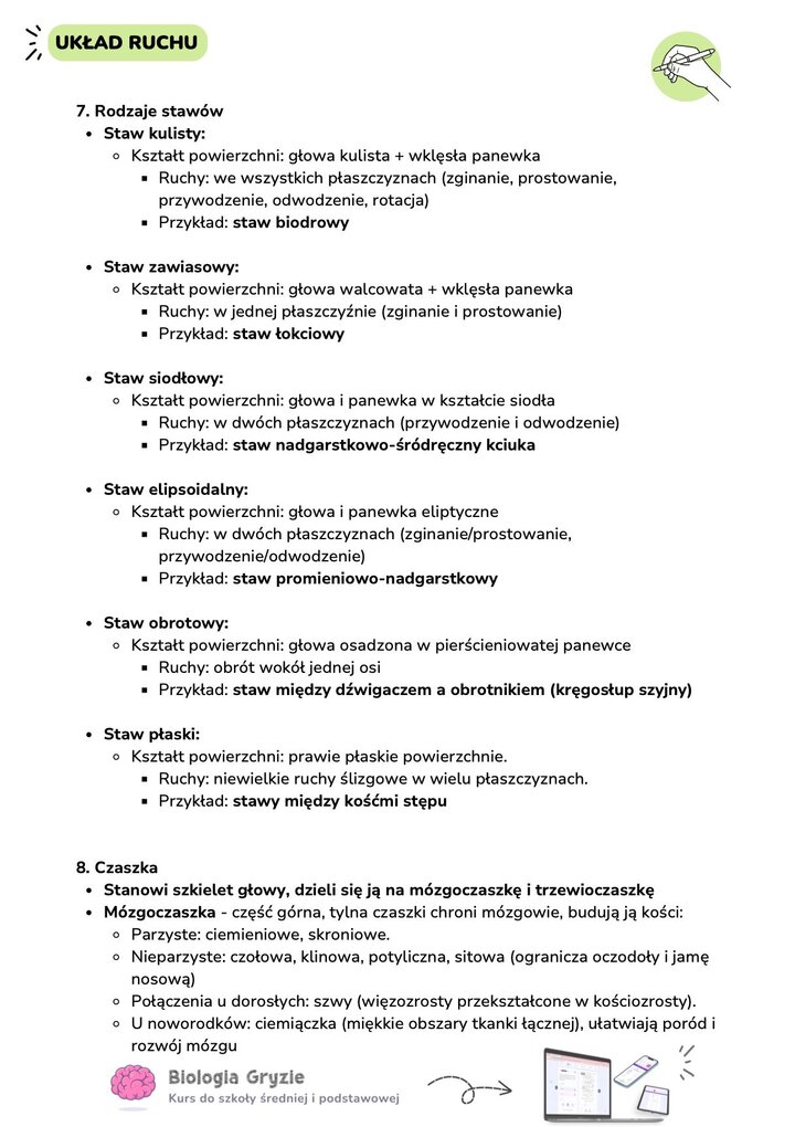 Zestawienie rodzajów stawów u człowieka, w tym staw kulisty, zawiasowy, siodłowy i obrotowy wraz z opisem budowy mózgoczaszki.