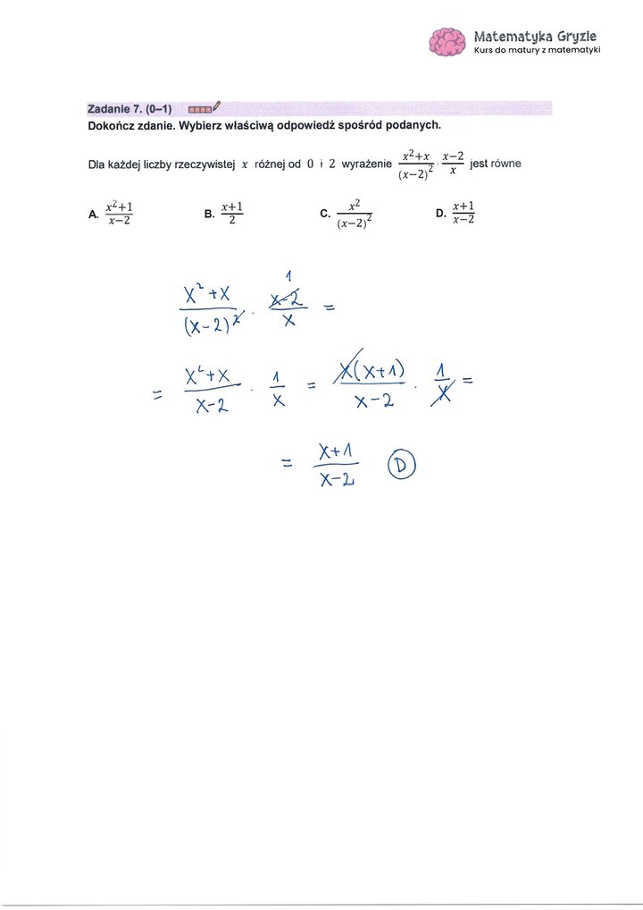 Zadanie z matury z matematyki (7) z rozwiązanym zadaniem na upraszczanie wyrażenia wymiernego.