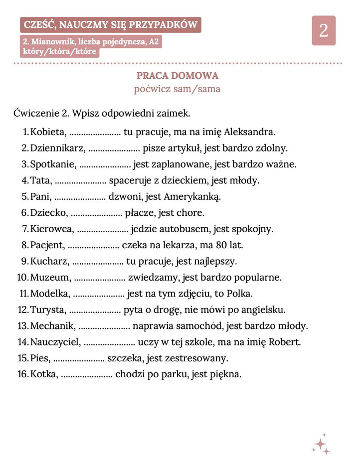 Druga strona ćwiczeń gramatycznych skupiająca się na zaimku względnym „który” jako łączniku w zdaniach. Lista obejmuje 16 przykładów z opisami osób, zawodów oraz zwierząt, m.in. dziennikarza, kucharza, muzeum, mechanika, psa oraz kotki.