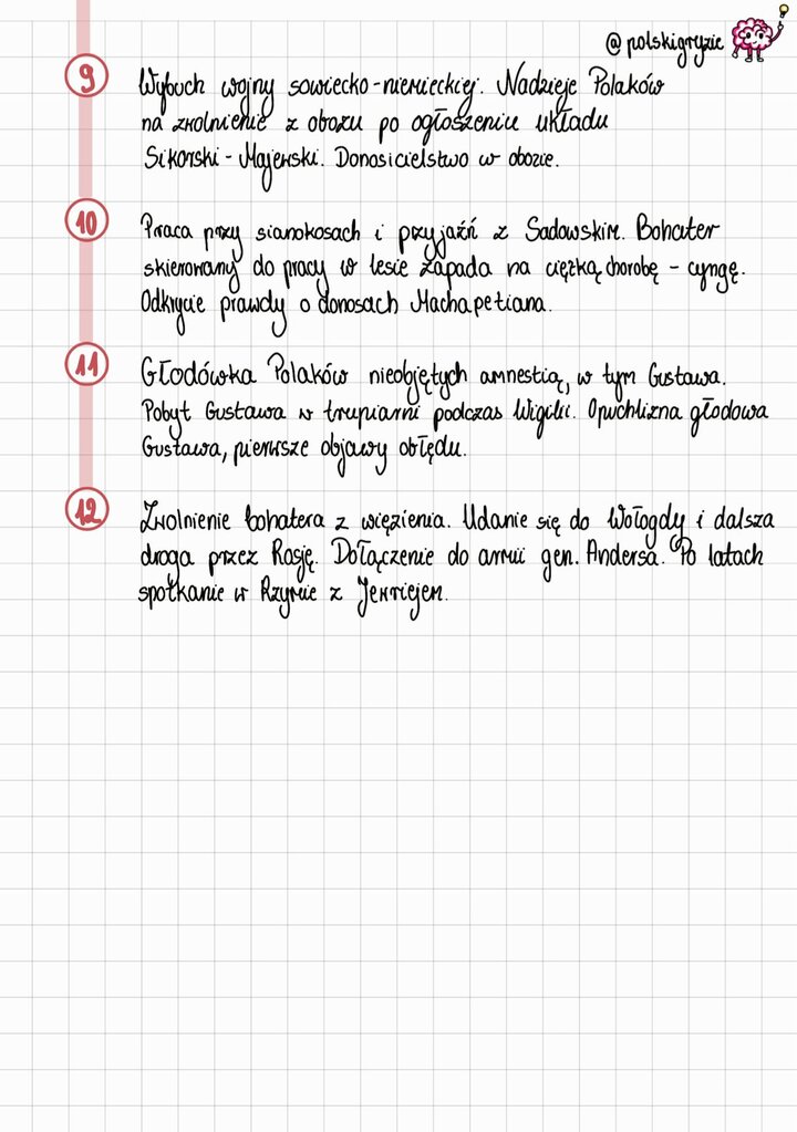 Obrazek mózgu z żarówką, podsumowujący finałowe wydarzenia 'Innego świata': wybuch wojny sowiecko-niemieckiej, głodówkę Polaków, chorobę (cyngę) Gustawa i jego zwolnienie z łagru.