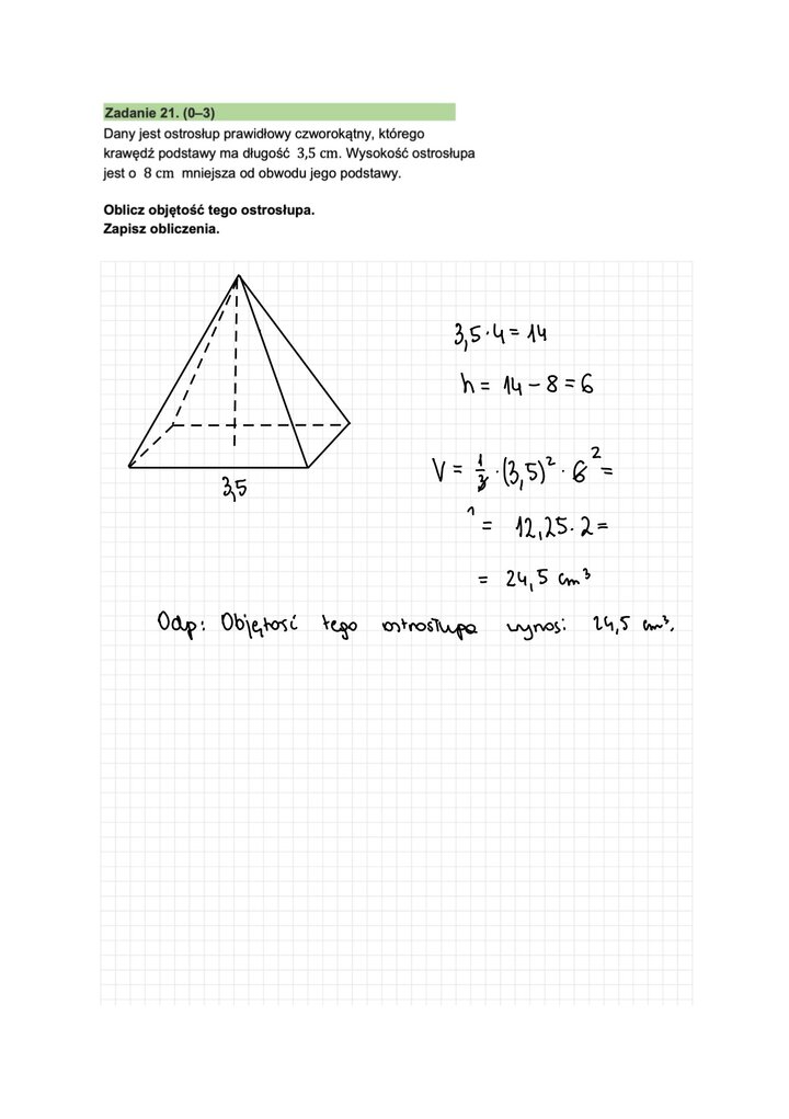 Fragment arkusza do egzaminu ósmoklasisty z matematyki - otwarte zadanie z bry, obliczanie objętości ostrosłupa.