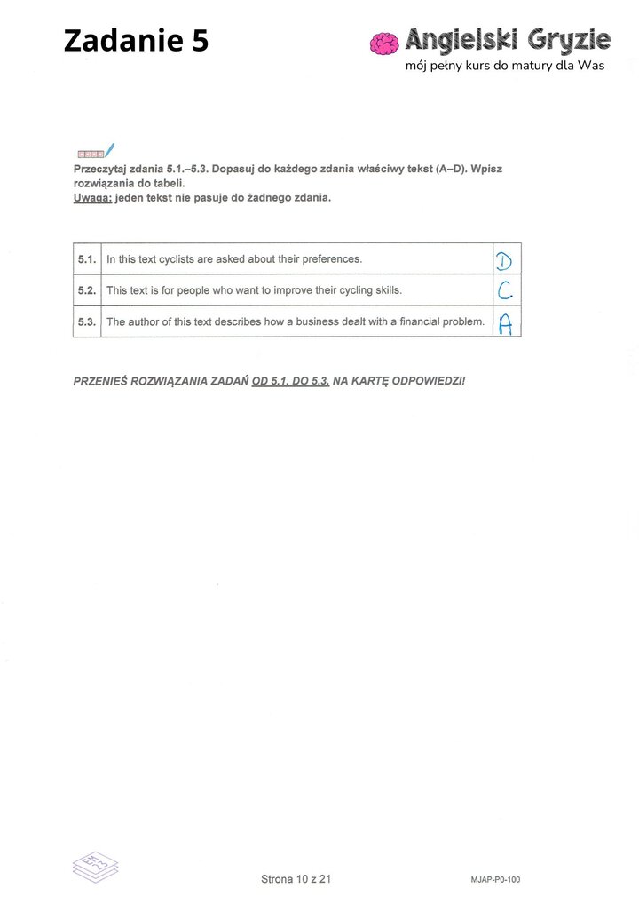 Fragment arkusza maturalnego z języka angielskiego – zadanie na rozumienie tekstu czytanego z pytaniami wielokrotnego wyboru.