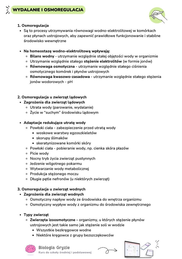 Wstęp do osmoregulacji i bilansu wodnego. Tekst opisuje mechanizmy utrzymania pH i ciśnienia osmotycznego oraz adaptacje zwierząt lądowych (np. wosk u owadów, skóra płazów) do ochrony przed utratą wody.