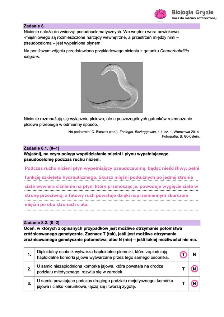Fragment arkusza maturalnego z biologii - dotyczące niceni. 