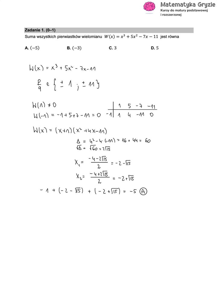 Fragment arkusza maturalnego z matematyki rozszerzonej - obliczanie wszystkich pierwiastków wielomianu.