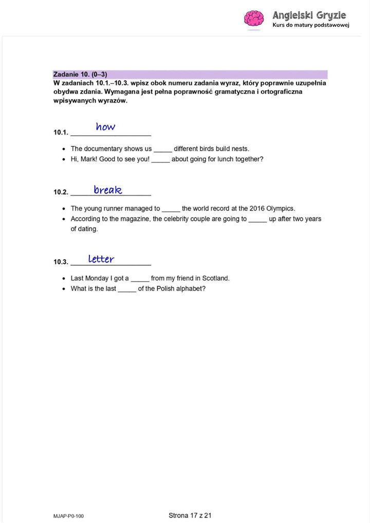 Fragment arkusza maturalnego z języka angielskiego – zadanie z brakującymi słowami, do uzupełnienia samodzielnie.