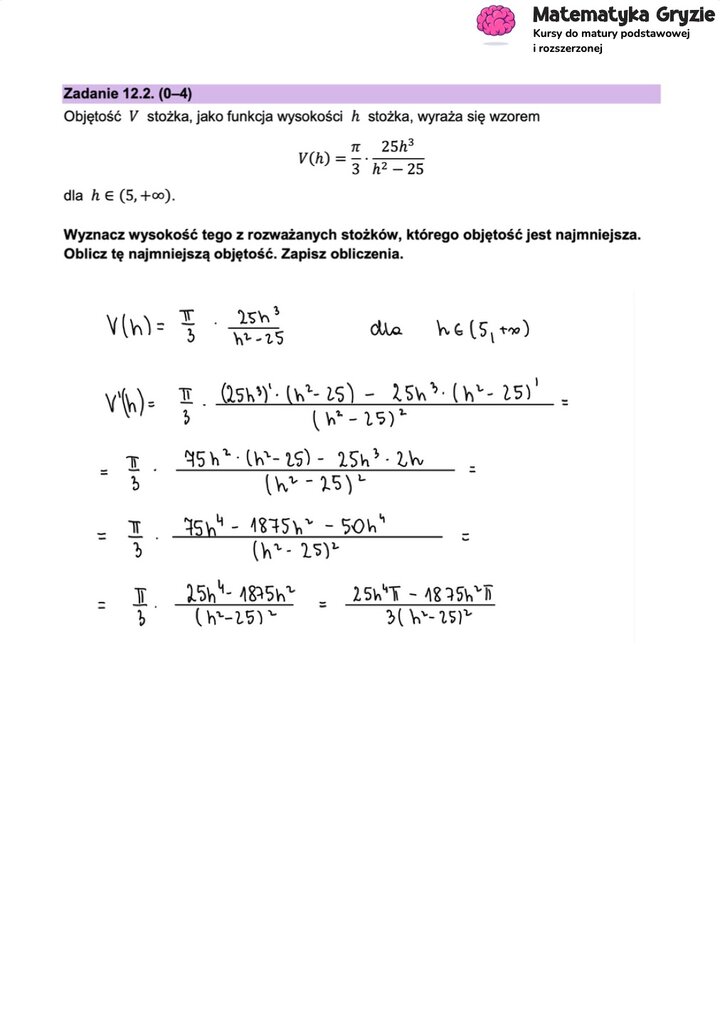 Fragment arkusza maturalnego z matematyki rozszerzonej - zadanie ze stereometrii, wyznaczanie wysokości stożka.
