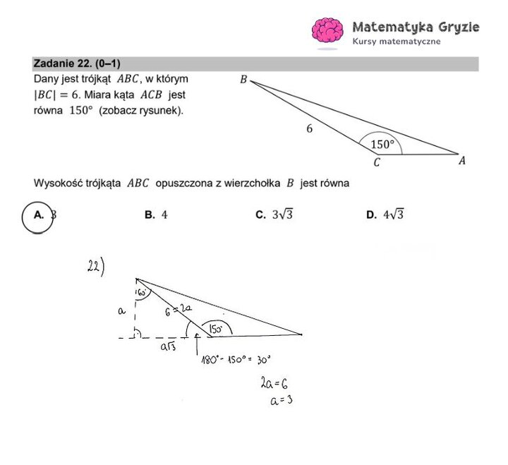 Fragment arkusza maturalnego z matematyki podstawowej - obliczanie wysokości trójkąta na podstawie rysunku.