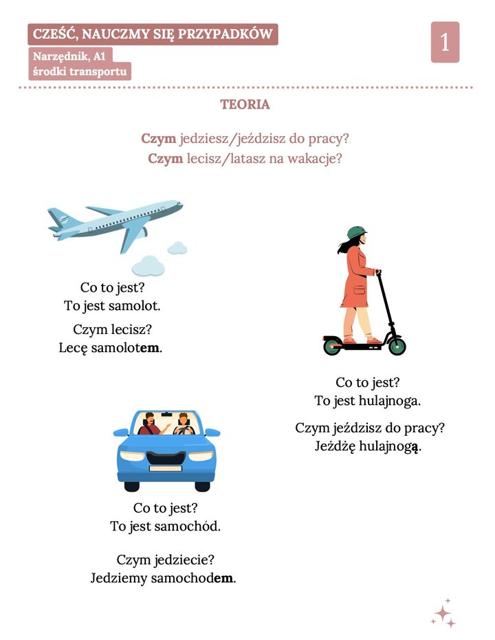 Infografika edukacyjna do nauki języka polskiego (poziom A1) przedstawiająca użycie narzędnika w nazwach środków transportu. Na grafice widać ilustracje samolotu w locie, kobiety na hulajnodze oraz dwóch osób jadących samochodem. Tekst zawiera przykłady odmiany: samolot – samolotem, samochód – samochodem oraz hulajnoga – hulajnogą wraz z pytaniami „Czym jedziesz?” i „Czym lecisz?”.