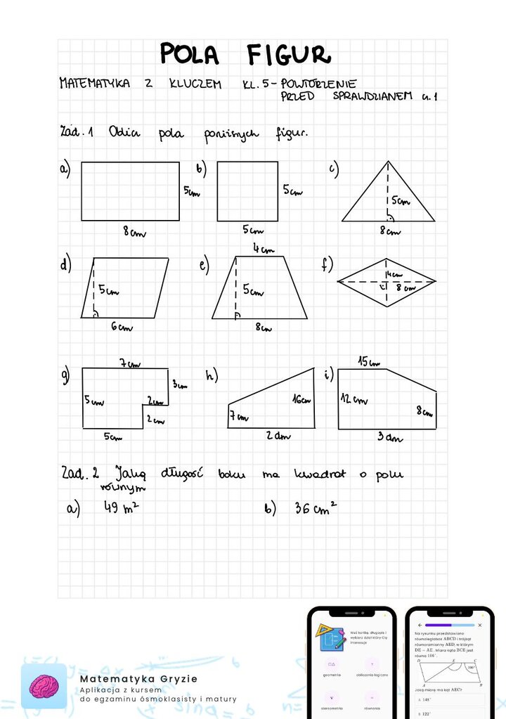 Zadania na sprawdzian matematyka z kluczem klasa 5 - pola figur