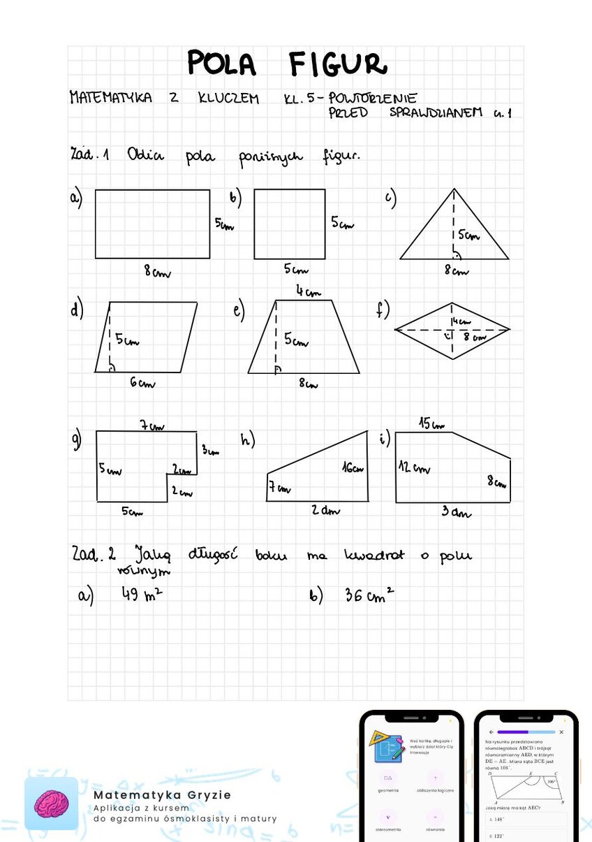 Zadania na sprawdzian matematyka z kluczem klasa 5 - pola figur