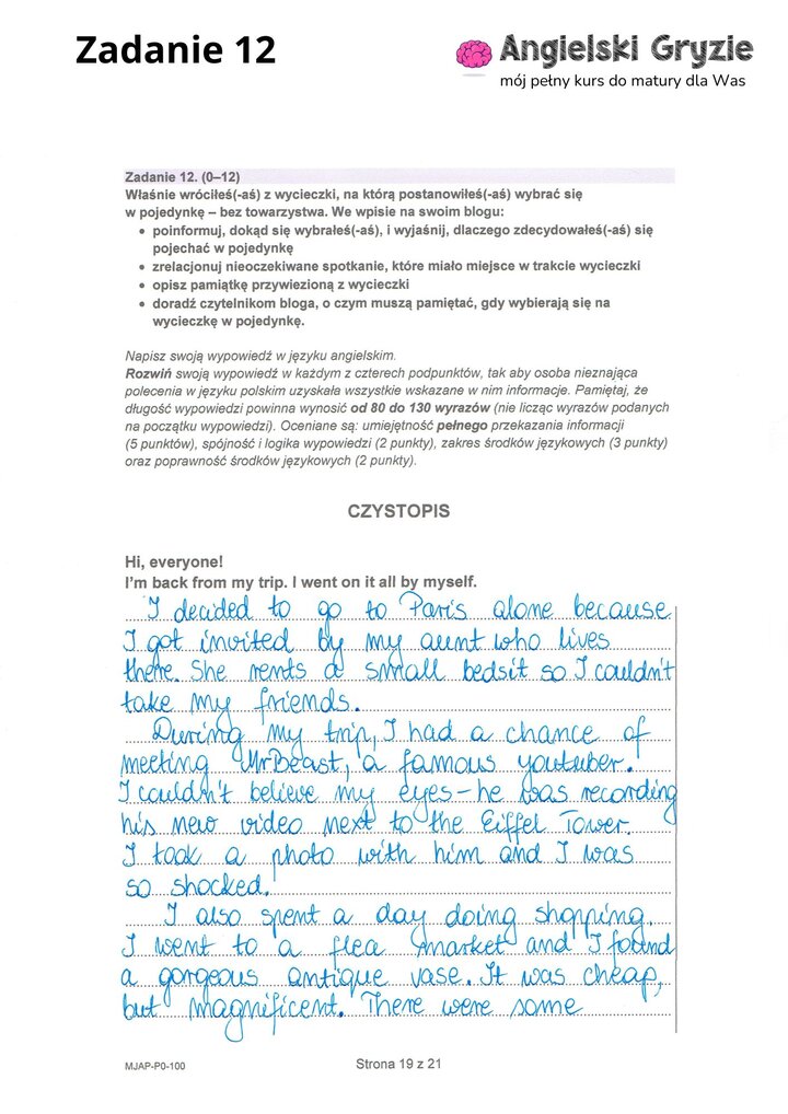 Fragment arkusza maturalnego z języka angielskiego – wybrana wypowiedź pisemna. 