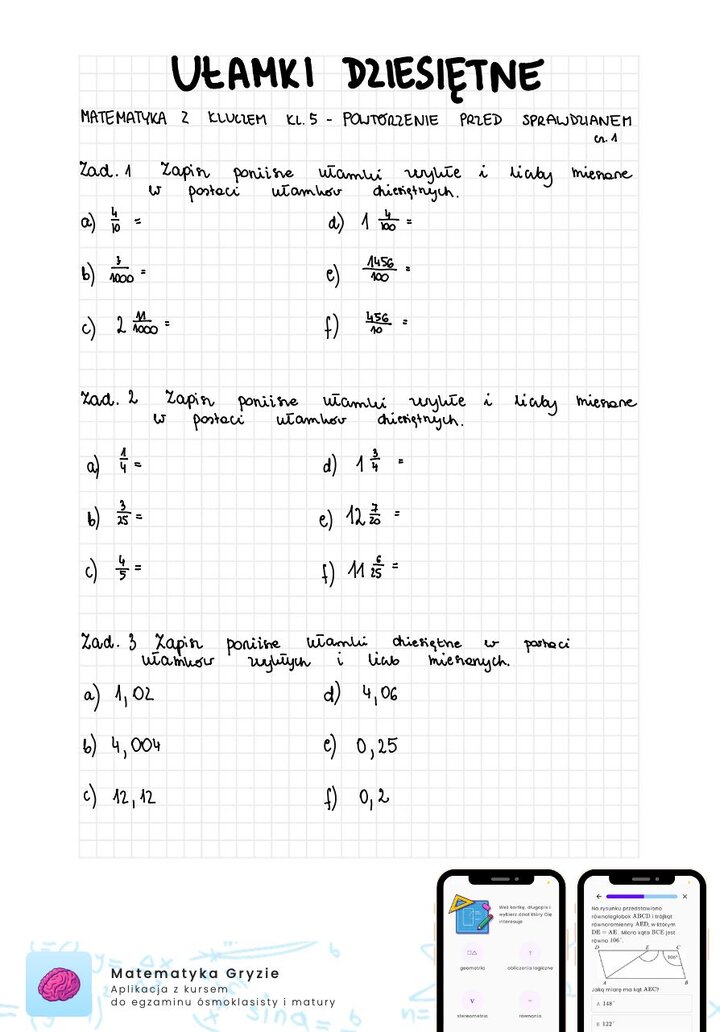 Zadania na sprawdzian matematyka z kluczem klasa 5 - ułamki dziesiętne