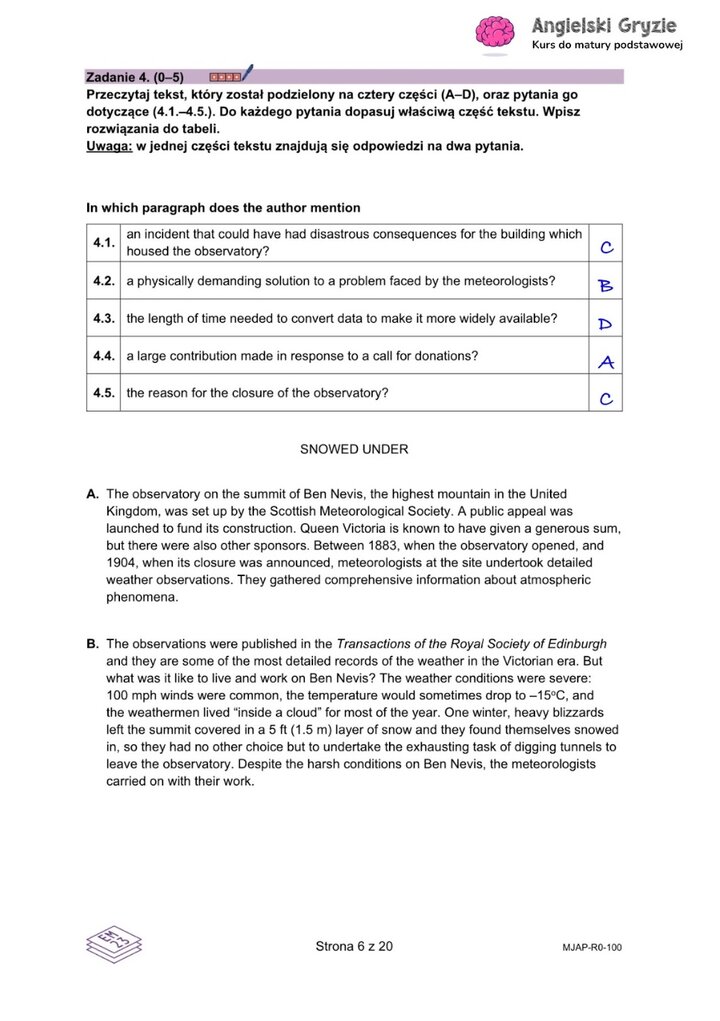 Fragment arkusza maturalnego z języka angielskiego – zadanie na dopasowywanie tekstów do odpowiednich akapitów.