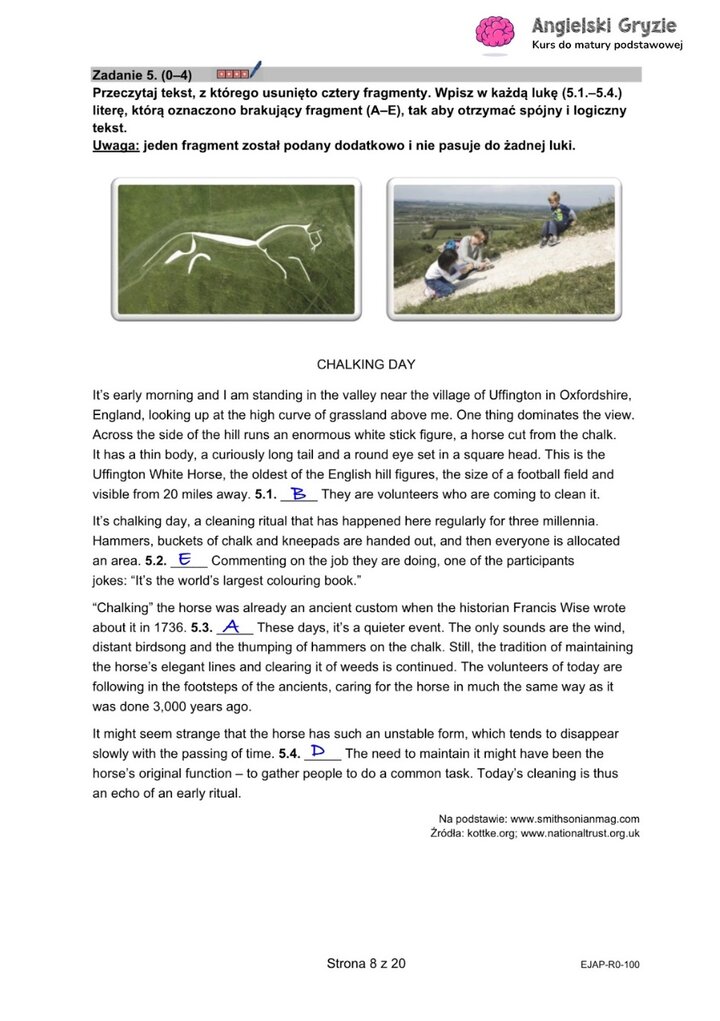 Fragment arkusza maturalnego z języka angielskiego – zadanie na rozumienie tekstu czytanego z pytaniami wielokrotnego wyboru.