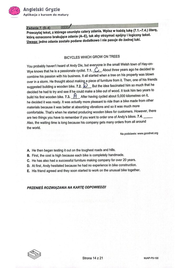 Fragment arkusza maturalnego z języka angielskiego – zadanie na dopasowywanie brakujących zdań w tekście.