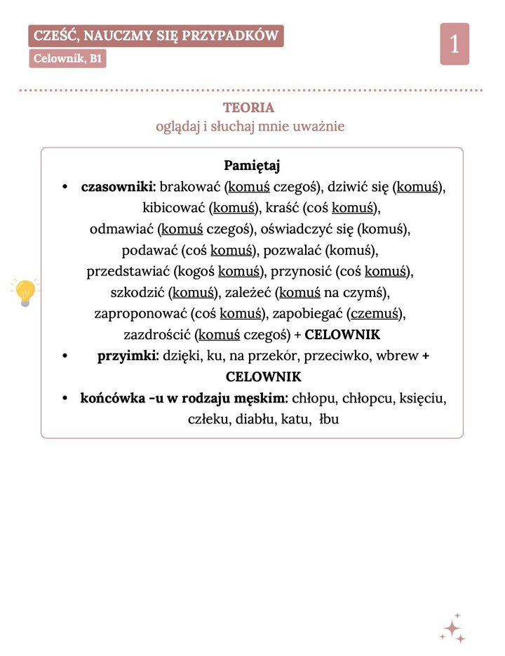 Infografika gramatyczna przedstawiająca teorię celownika na poziomie B1. Zawiera listę czasowników wymagających celownika, takich jak: brakować, dziwić się, kibicować, kraść, oświadczyć się czy zależeć. Wymienione są również przyimki: dzięki, ku, na przekór, przeciwko i wbrew. Na dole znajduje się sekcja z wyjątkowymi końcówkami -u dla rodzaju męskiego: chłopu, chłopcu, księciu, człeku, diabłu, katu i łbu.