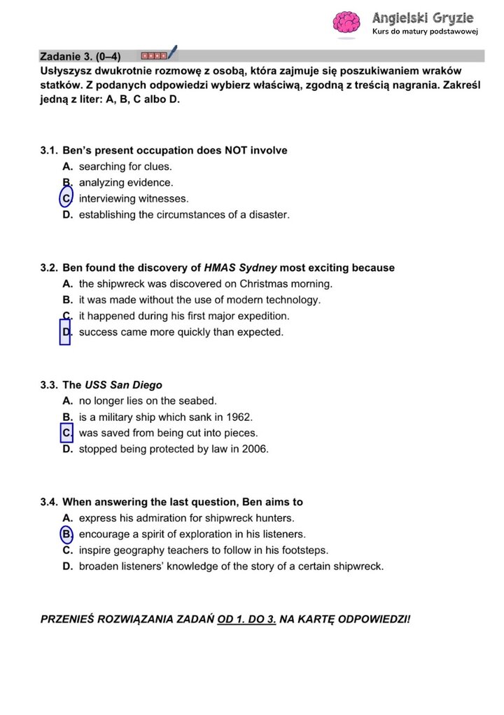 Fragment arkusza maturalnego z języka angielskiego – zadanie na rozumienie ze słuchu z 
czterema pytaniami wielokrotnego wyboru.