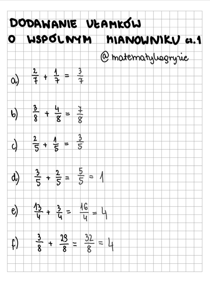 Dodawanie ułamków o wspólnym mianowniku