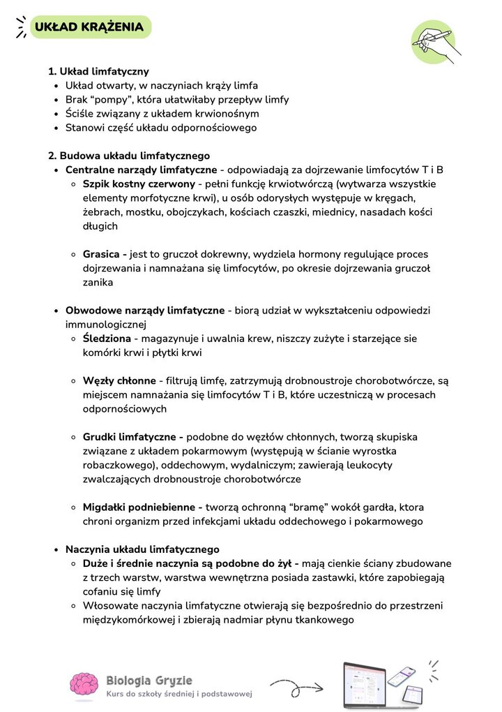 Notatka na temat budowy układu limfatycznego. Tekst opisuje centralne narządy (szpik, grasica) oraz obwodowe (śledziona, węzły chłonne, migdałki). Zawiera definicję układu otwartego i naczyń limfatycznych.