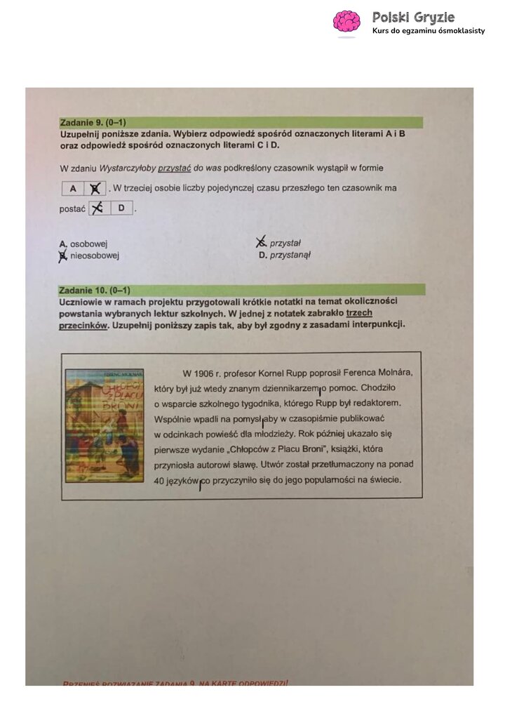 Fragment arkusza egzaminacyjnego z języka polskiego – pytania dotyczące wybranych lektur obowiązkowych.
