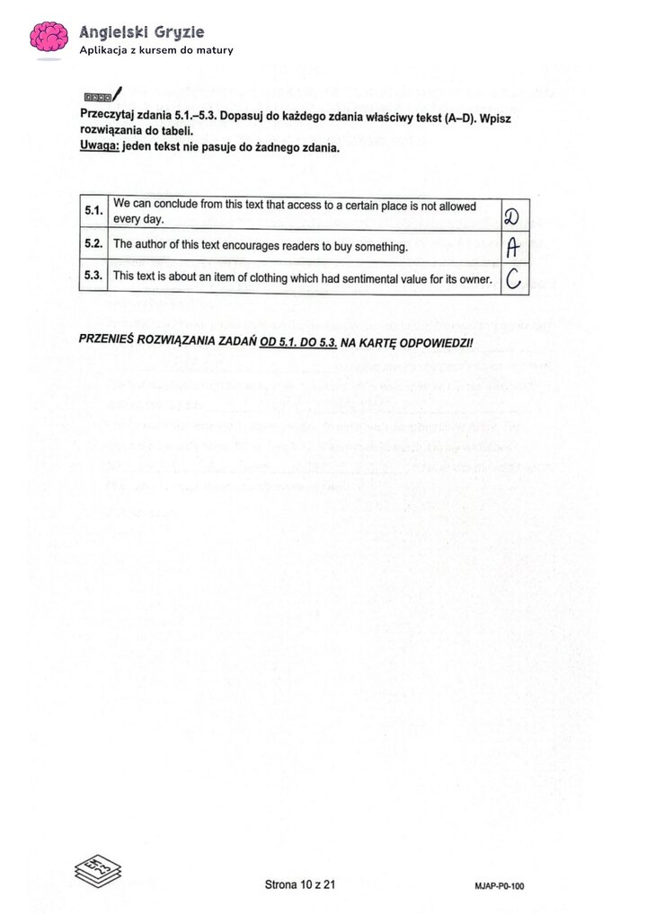 Fragment arkusza maturalnego z języka angielskiego – zadanie na rozumienie tekstu czytanego z pytaniami wielokrotnego wyboru.