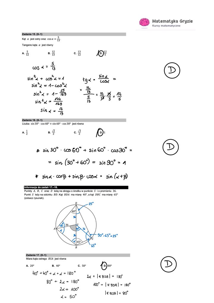 Zadania z matematyki z obliczeń trygonometrycznych i własności kątów w okręgu.
