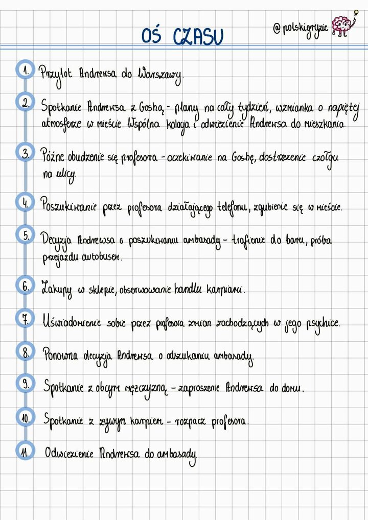 Chronologiczna lista punktowa przedstawiająca losy profesora Andrewsa od przylotu do Warszawy, przez dostrzeżenie czołgów, po odwiezienie do ambasady.