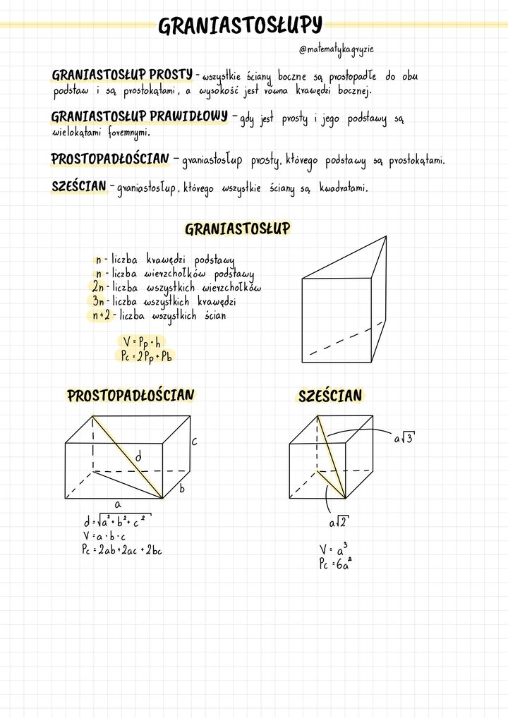 Wzory dla uczniów szkół średnich - graniastosłupy 