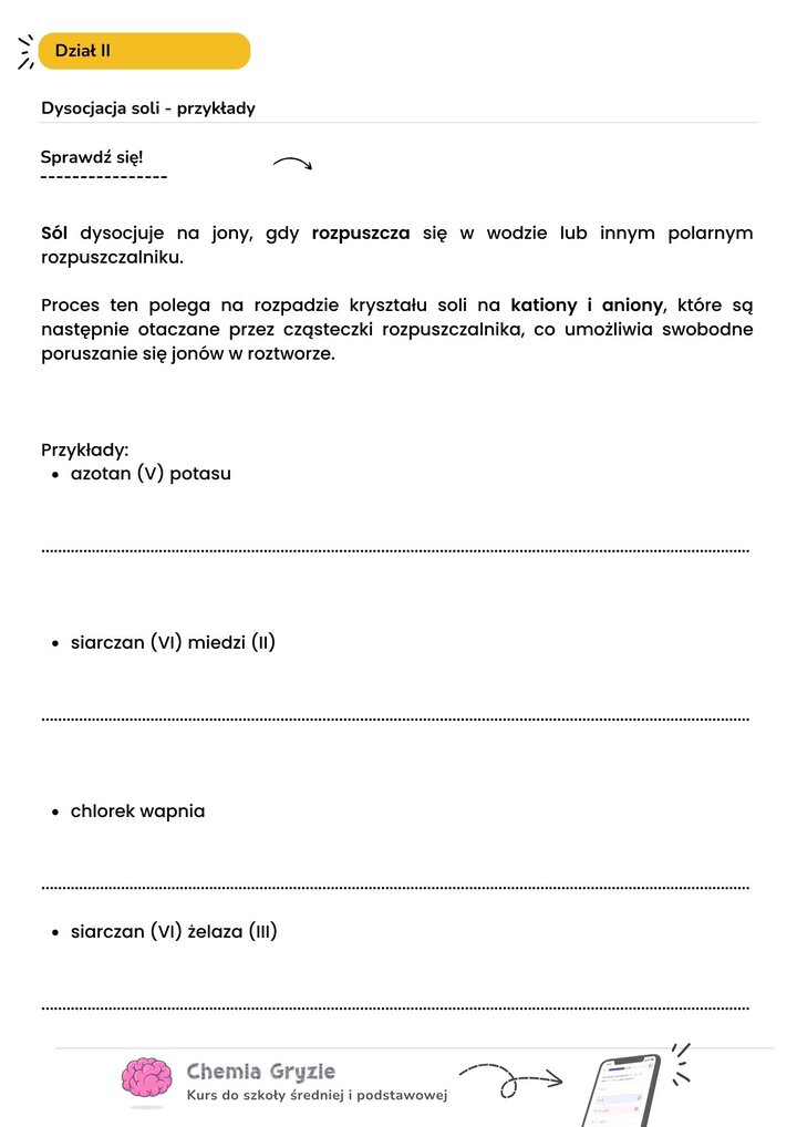 Karta pracy z chemii: Dysocjacja soli - ćwiczenia. Zadanie polega na zapisaniu równań dysocjacji dla azotanu(V) potasu, siarczanu(VI) miedzi(II), chlorku wapnia oraz siarczanu(VI) żelaza(III).