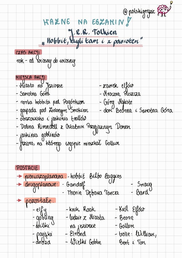 Ilustracja symbolizująca proces myślowy i odkrywanie pomysłów, jako wprowadzenie do notatek i streszczenia lektury 'Hobbit, czyli tam i z powrotem' przygotowujących do egzaminu ósmoklasisty. Obrazek mózgu z żarówką.