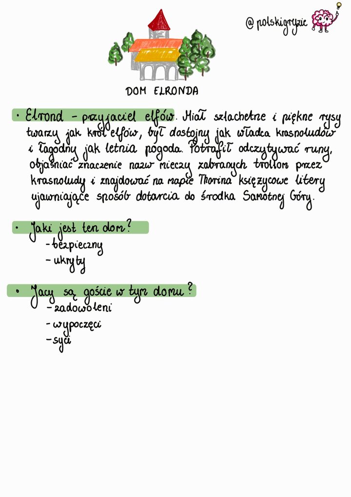 Ilustracja przedstawiająca Dom Elronda (Ostatni Przyjazny Dom), budynek z łukowatymi arkadami, jasnym korpusem i dwuspadowym dachem w kolorach pomarańczowo-żółtym oraz czerwoną wieżyczką, ukryty pośród drzew. Obraz symbolizuje ukrytą, bezpieczną ostoję elfów i miejsce, gdzie Elrond odczytał księżycowe litery na mapie Thorina.