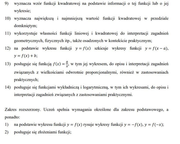 Wymagania edukacyjne na egzamin maturalny z matematyki - zagadnienia z działów.