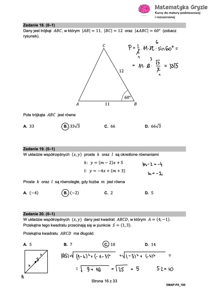 Fragment arkusza maturalnego  z matematyki podstawowej - zadania z obliczania pola trójkąta.