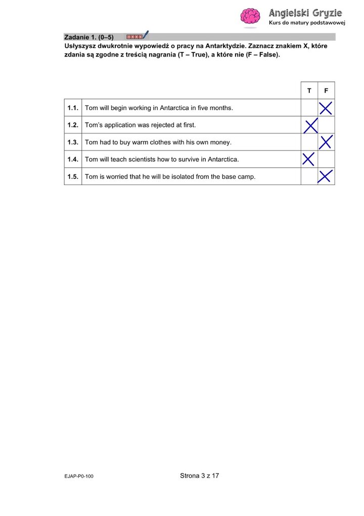 Fragment arkusza maturalnego z języka angielskiego – zadanie na rozumienie ze słuchu z 
pięcioma pytaniami prawda/fałsz.