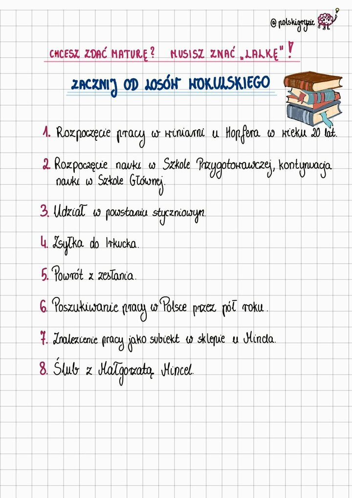 Strona z rysunkiem stosu książek, zawierająca listę wydarzeń od pracy u Hopfera, przez studia i powstanie, aż po ślub z Małgorzatą Mincel.