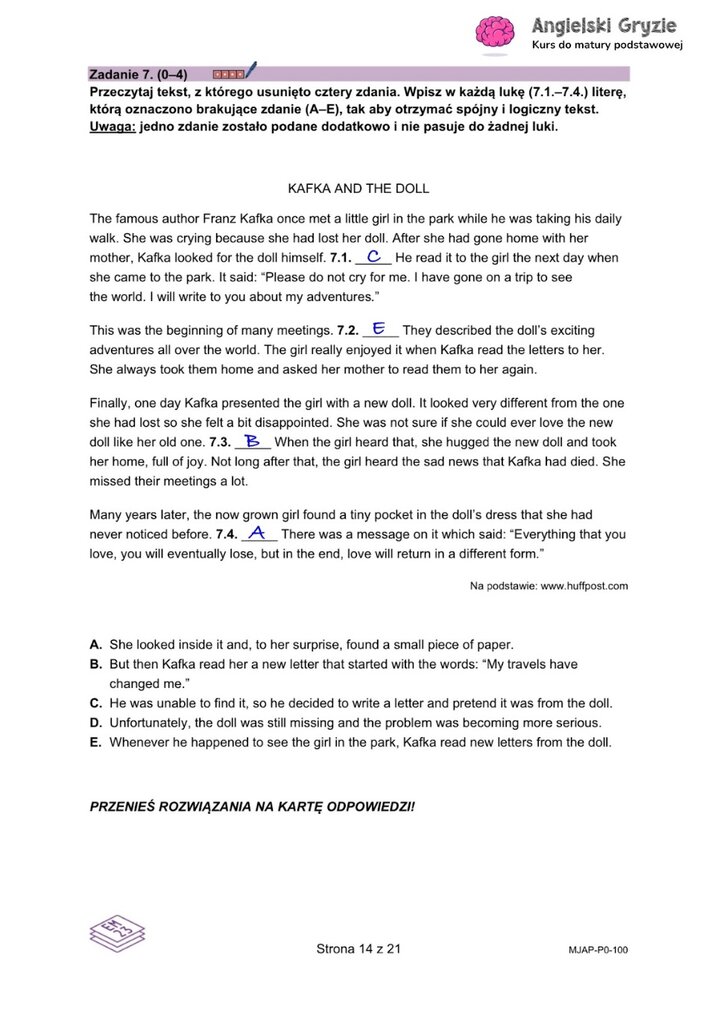 Fragment arkusza maturalnego z języka angielskiego – zadanie na dopasowywanie brakujących zdań w tekście.