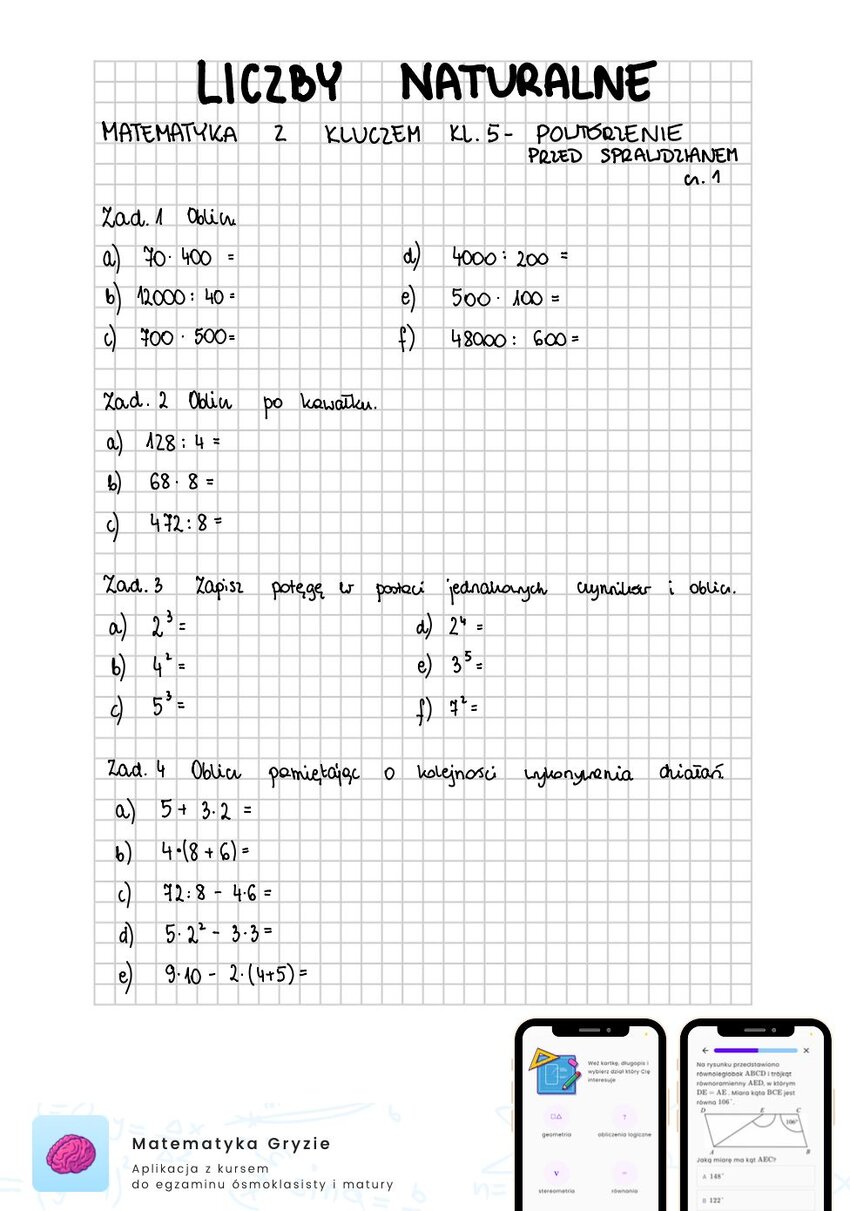 Zadania na sprawdzian matematyka z kluczem klasa 5 - liczby naturalne