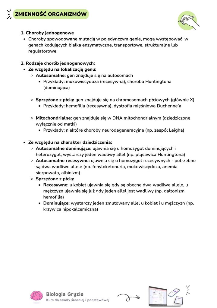 Tabela przedstawiająca rodzaje chorób jednogenowych z podziałem na autosomalne, sprzężone z płcią i mitochondrialne wraz z przykładami.