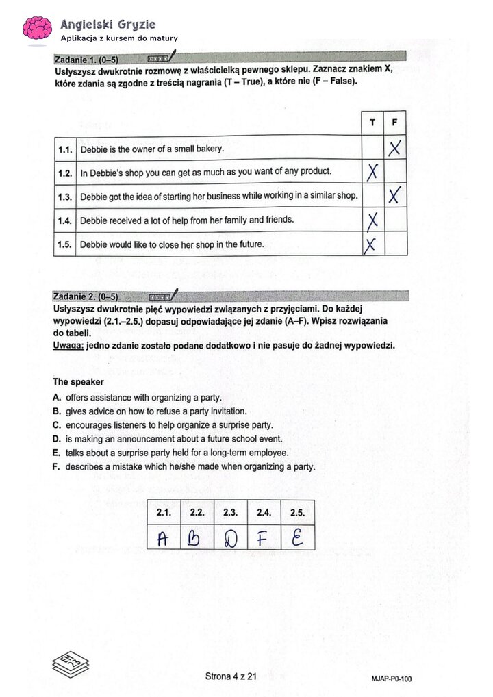 Fragment arkusza maturalnego z języka angielskiego – zadanie na rozumienie ze słuchu z 
pięcioma pytaniami wielokrotnego wyboru.