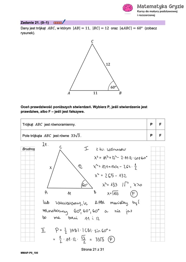 Zadanie maturalne z matematyki (21) z weryfikacją własności trójkąta przy użyciu twierdzenia cosinusów i wzoru na pole.