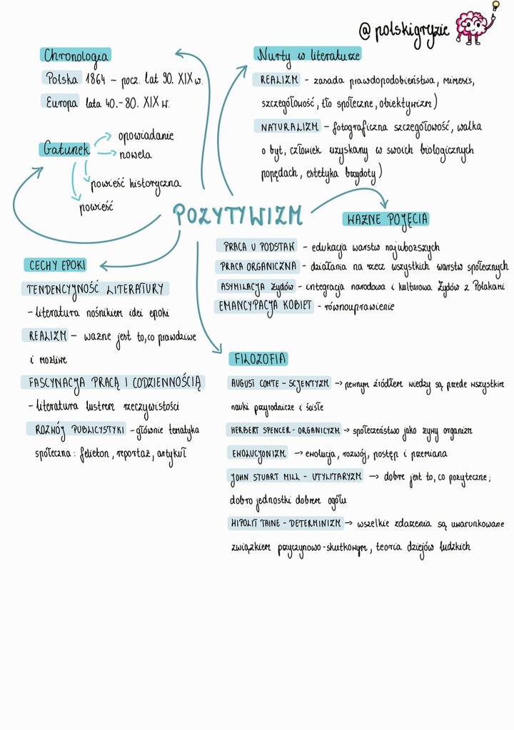 Notatka edukacyjna omawiająca epokę Pozytywizmu. Tabela zawiera chronologię (Polska 1864 - pocz. lat 90. XIX w.), główne hasła i pojęcia (Praca u Podstaw, Praca Organiczna, Asymilacja Żydów, Emancypacja Kobiet), cechy epoki (tendencyjność, realizm, rozwój publicystyki) oraz nurty filozoficzne (Scjentyzm Comte'a, Organicyzm Spencera, Utylitaryzm Milla) i literackie (Realizm, Naturalizm).