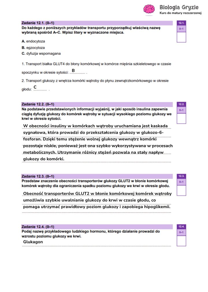 Odpowiedzi do zadania maturalnego z biologii (12.1-12.4) dotyczące mechanizmów transportu glukozy i hormonalnej regulacji jej poziomu we krwi.