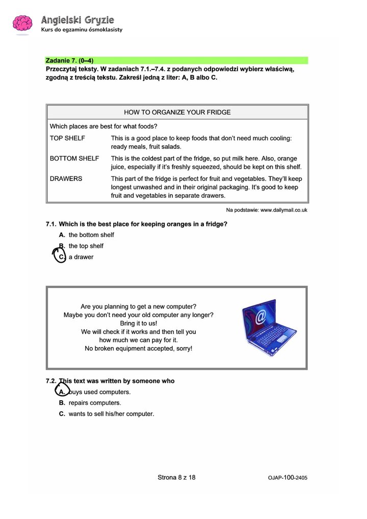 zadanie 7 egzamin ósmoklasisty CKE język angielski