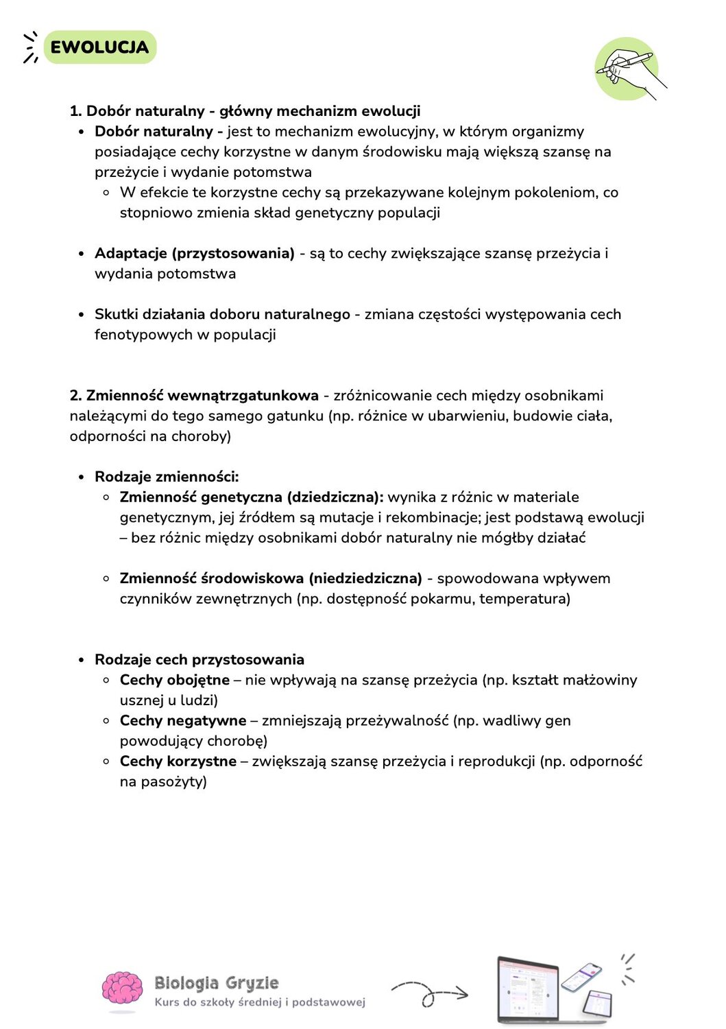 Notatka o doborze naturalnym i zmienności wewnątrzgatunkowej. Tekst definiuje adaptacje oraz dzieli zmienność na genetyczną (dziedziczną) i środowiskową. Widoczne logo "Biologia Gryzie".