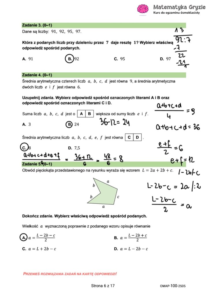 Zadania z egzaminu ósmoklasisty z matematyki (3-5) dotyczące podzielności, średniej arytmetycznej i przekształcania wzorów.