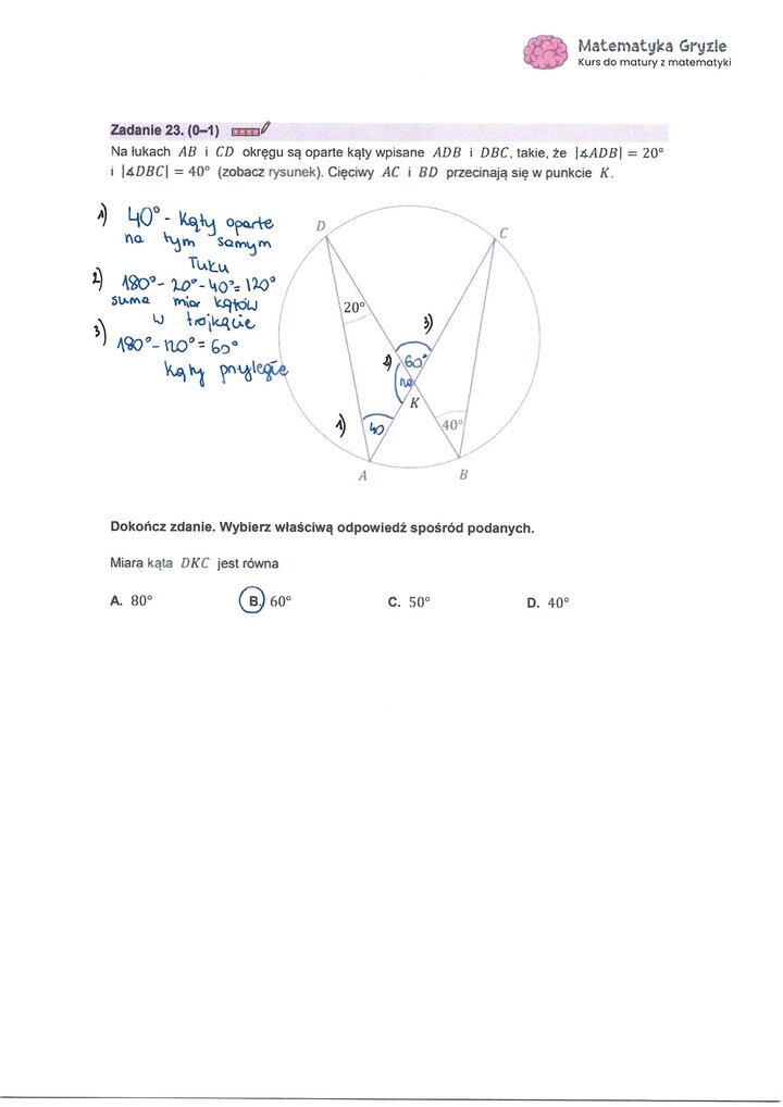 Zadanie z matury z matematyki (23) z rozwiązaniem zadania z geometrii analitycznej, dotyczącego kątów w okręgu.