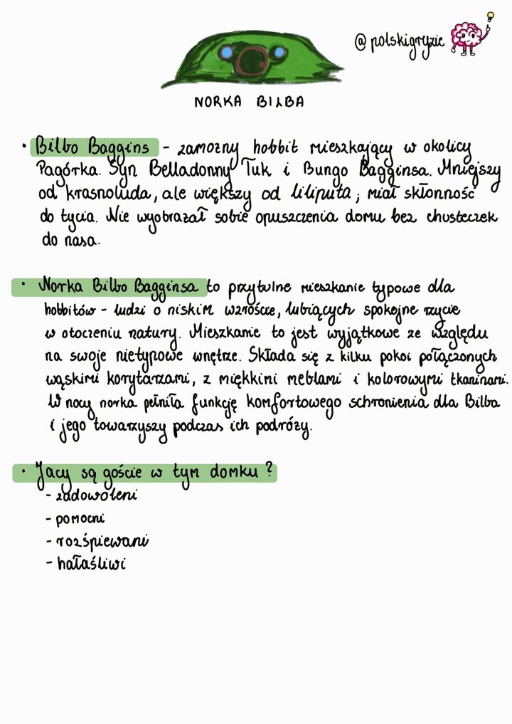Grafika ilustrująca przytulną Norkę Bilba Bagginsa na Pagórku – mieszkanie hobbita z okrągłymi, brązowymi drzwiami i trójkątnym oknem na szczycie. W tle widoczne są gęste zielone drzewa. Obraz ten reprezentuje motyw domu jako ciepłej i bezpiecznej przystani w życiu hobbita, zanim wyruszył na wyprawę.