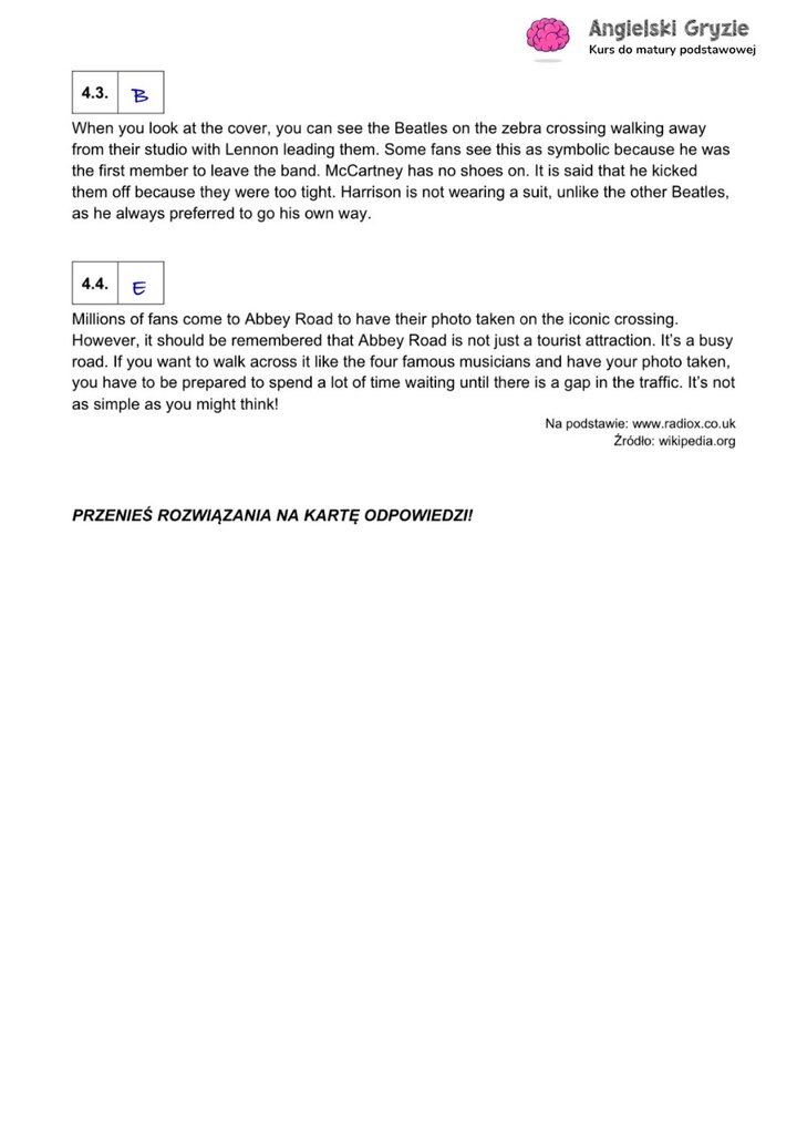 Fragment arkusza maturalnego z języka angielskiego – zadanie na dopasowywanie tekstów do odpowiednich akapitów.