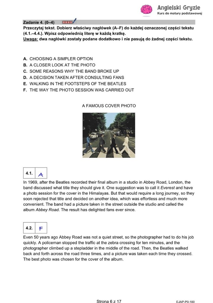 Fragment arkusza maturalnego z języka angielskiego – zadanie na dopasowywanie tekstów do odpowiednich akapitów.